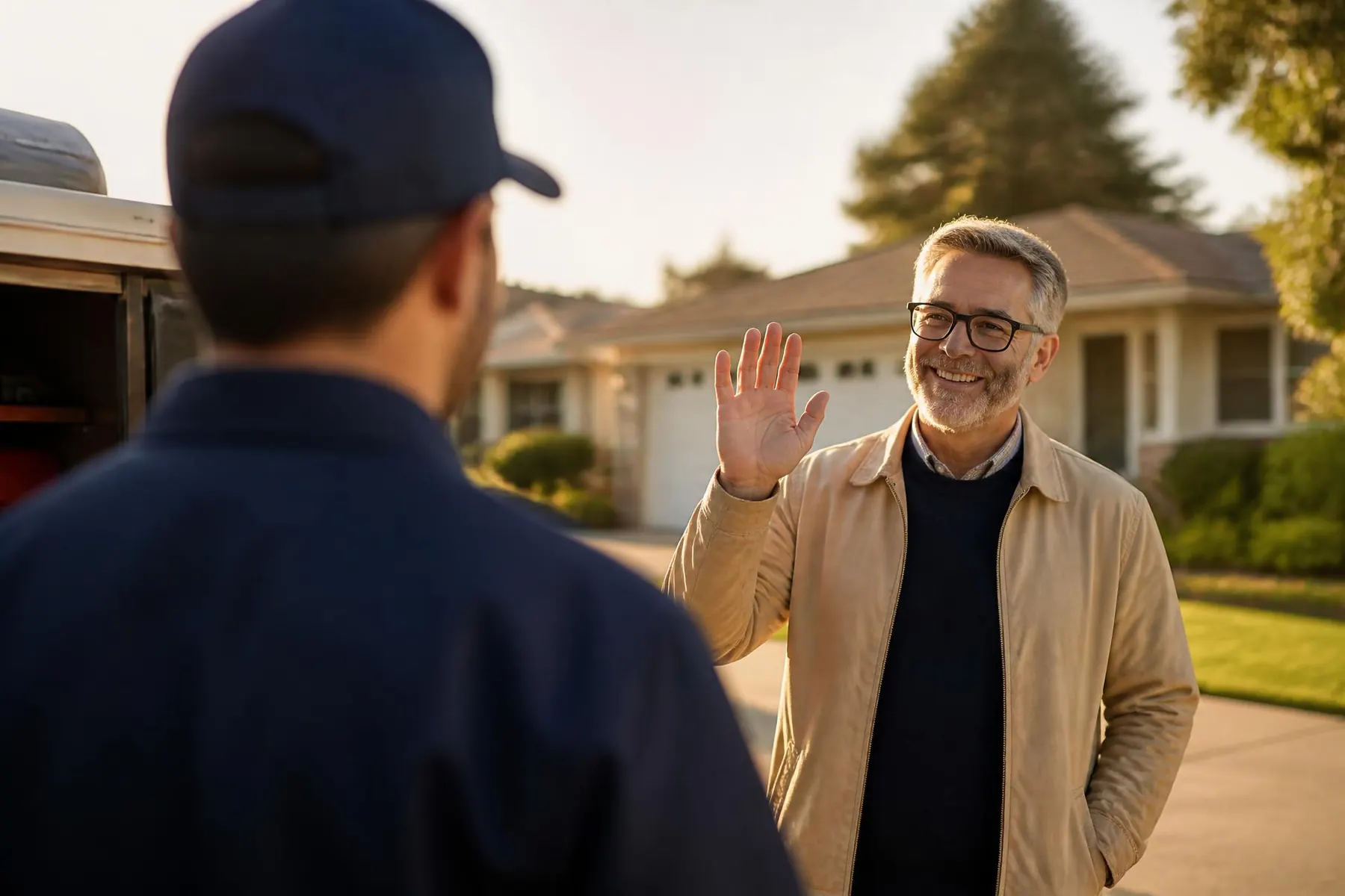 A mature home advisor waving hello to an HVAC technician on the path to a suburban home
