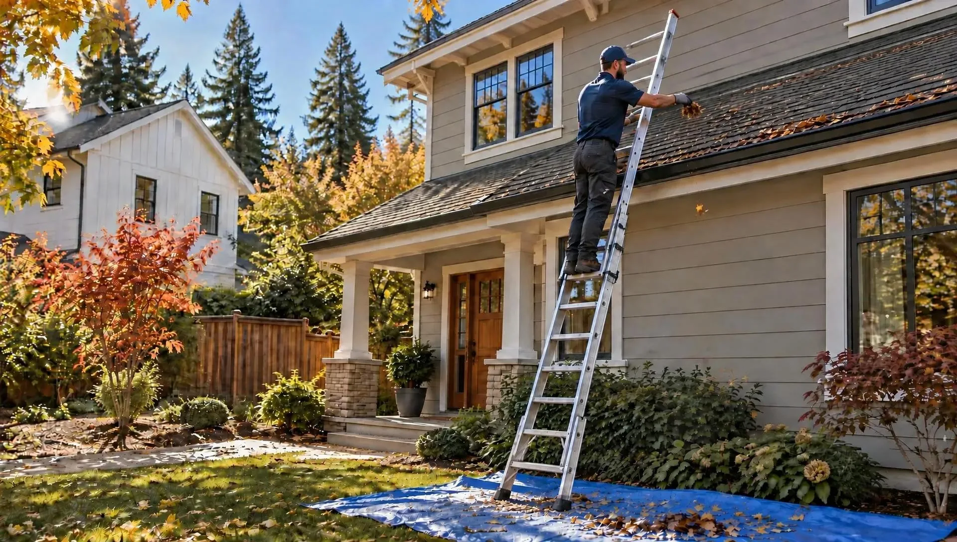 A gutter pro on a ladder scooping autumn leaves out of a home's rain gutter