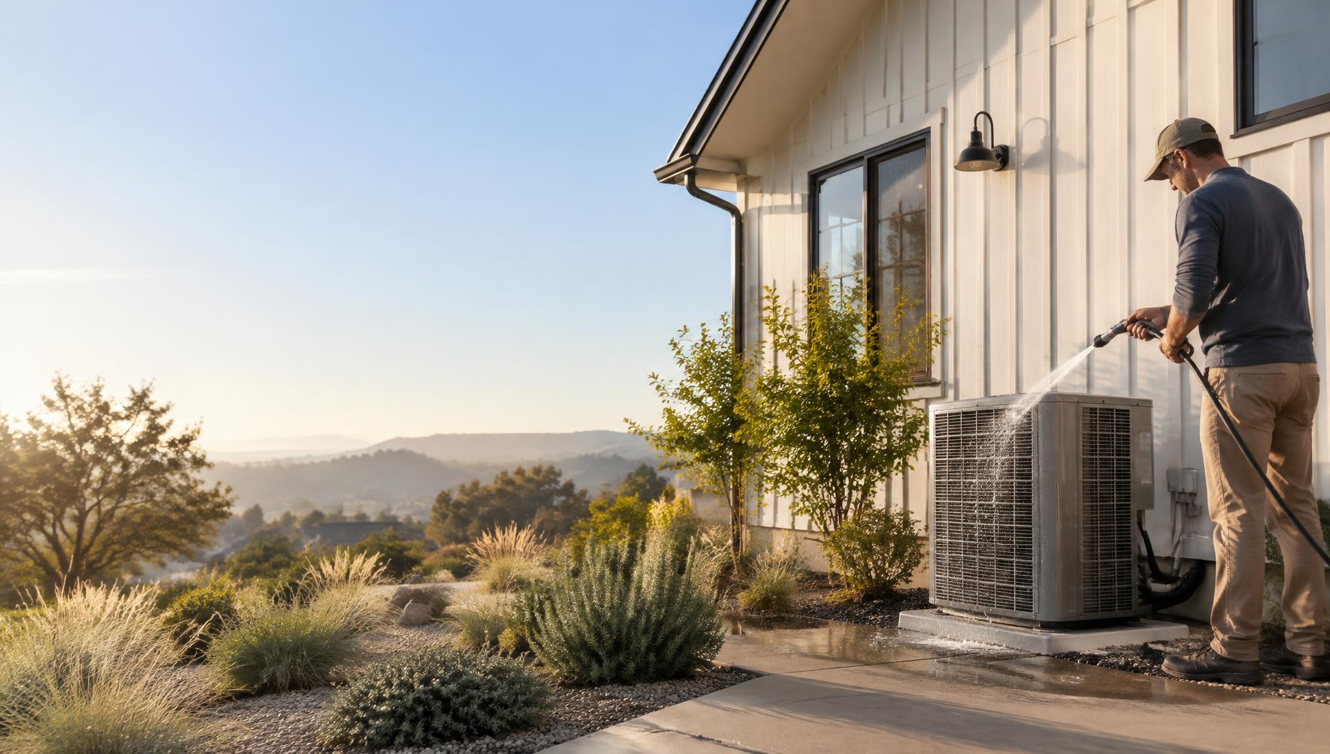 A homeowner hosing down an outdoor AC unit beside a modern Northern California home