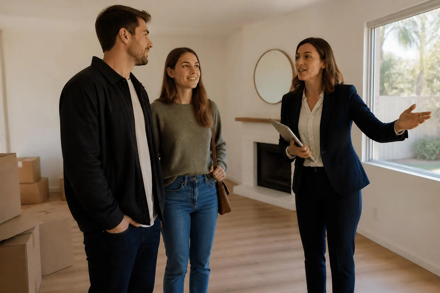 A professional realtor presenting a bright living room to a smiling young couple