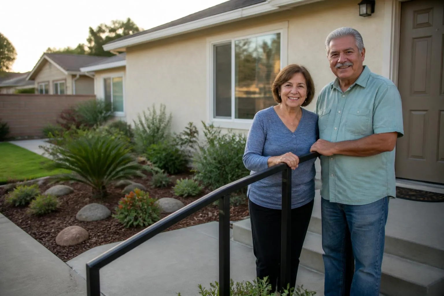 An older couple standing beside a new handrail at the front steps of their home